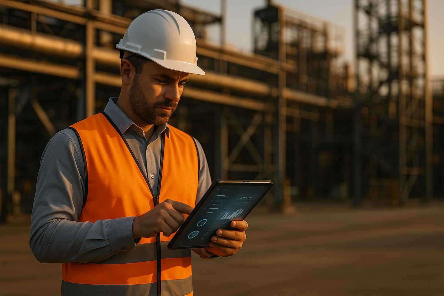 Construction worker reviewing compliance data on a tablet at an industrial site