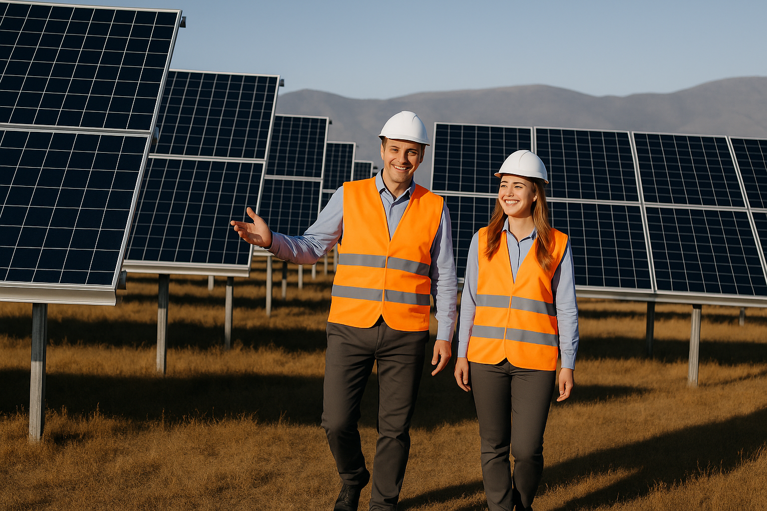 Craft workers in hard hats and orange safety vests walking through a solar field